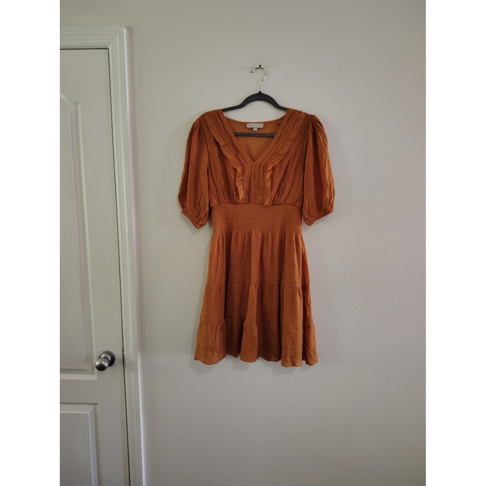 J GEE Rust Orange Smocked Waist Ruffle V-Neck Tiered‎ Mini Dress Womens XL